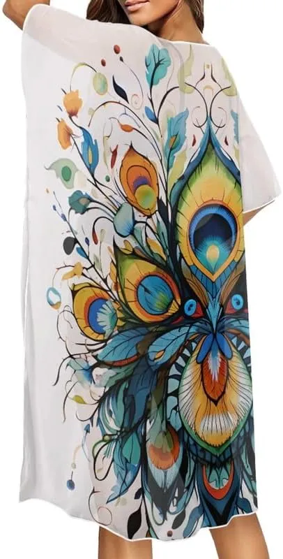 Irisjudy Women's Flowy Beach Kimono Boho Long Bikini Cover Up Dress, Tropical Style Short Sleeve Summer Kimono Cardigans