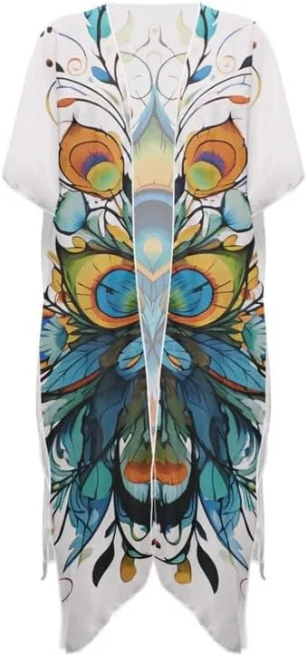 Irisjudy Women's Flowy Beach Kimono Boho Long Bikini Cover Up Dress, Tropical Style Short Sleeve Summer Kimono Cardigans