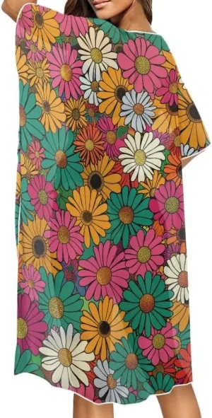 Irisjudy Women's Flowy Beach Kimono Boho Long Bikini Cover Up Dress, Tropical Style Short Sleeve Summer Kimono Cardigans