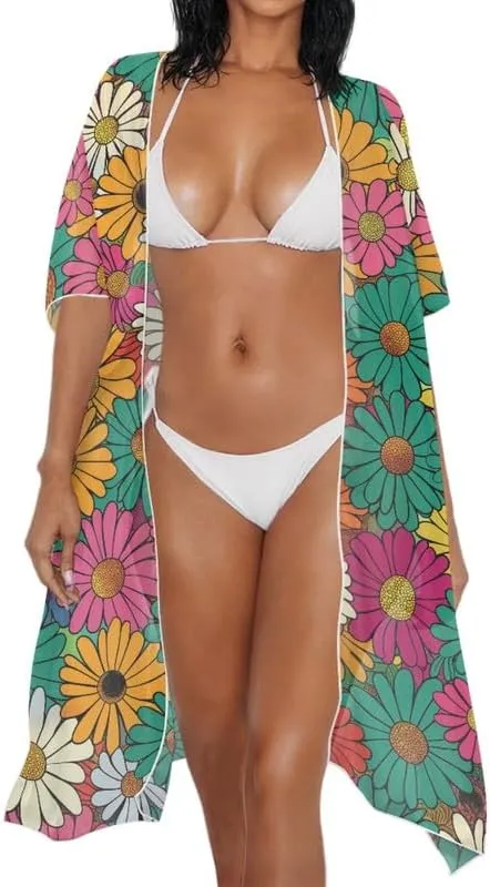 Irisjudy Women's Flowy Beach Kimono Boho Long Bikini Cover Up Dress, Tropical Style Short Sleeve Summer Kimono Cardigans