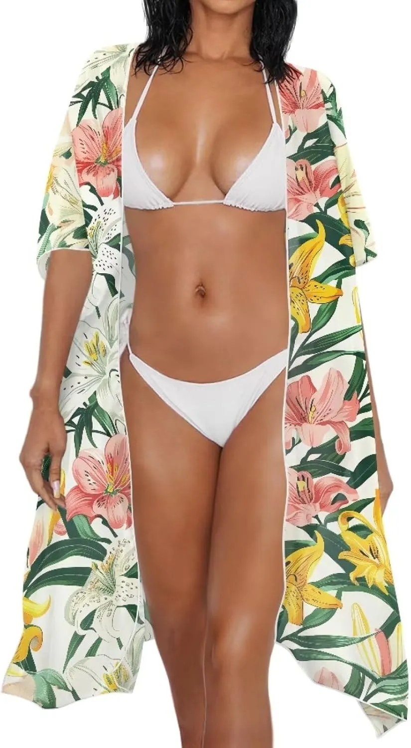 Irisjudy Women's Flowy Beach Kimono Boho Long Bikini Cover Up Dress, Tropical Style Short Sleeve Summer Kimono Cardigans