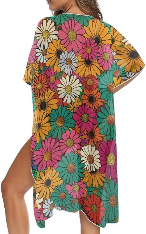 Irisjudy Women's Flowy Beach Kimono Boho Long Bikini Cover Up Dress, Tropical Style Short Sleeve Summer Kimono Cardigans
