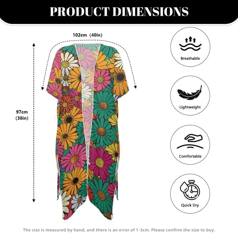 Irisjudy Women's Flowy Beach Kimono Boho Long Bikini Cover Up Dress, Tropical Style Short Sleeve Summer Kimono Cardigans