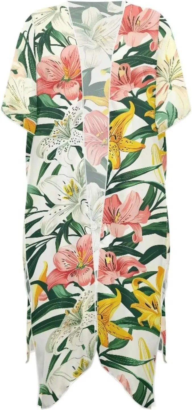Irisjudy Women's Flowy Beach Kimono Boho Long Bikini Cover Up Dress, Tropical Style Short Sleeve Summer Kimono Cardigans
