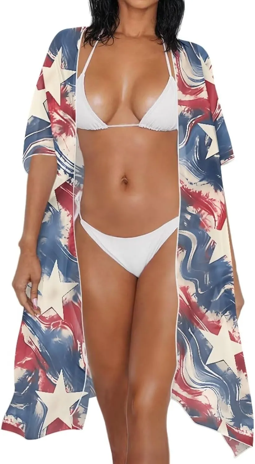 Irisjudy Women's Flowy Beach Kimono Boho Long Bikini Cover Up Dress, Tropical Style Short Sleeve Summer Kimono Cardigans