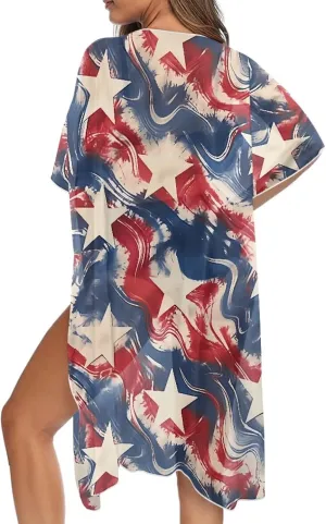 Irisjudy Women's Flowy Beach Kimono Boho Long Bikini Cover Up Dress, Tropical Style Short Sleeve Summer Kimono Cardigans