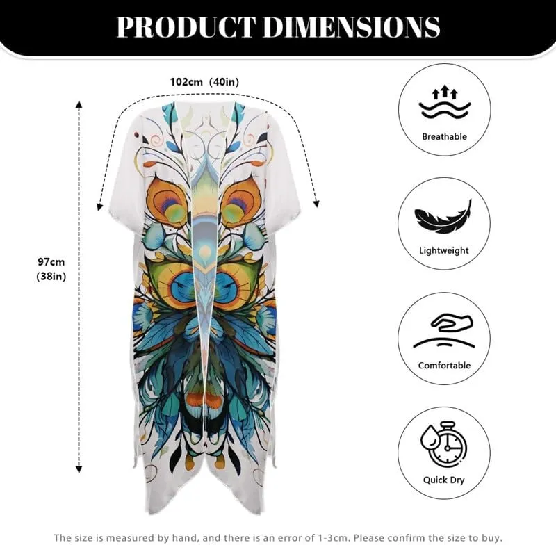 Irisjudy Women's Flowy Beach Kimono Boho Long Bikini Cover Up Dress, Tropical Style Short Sleeve Summer Kimono Cardigans