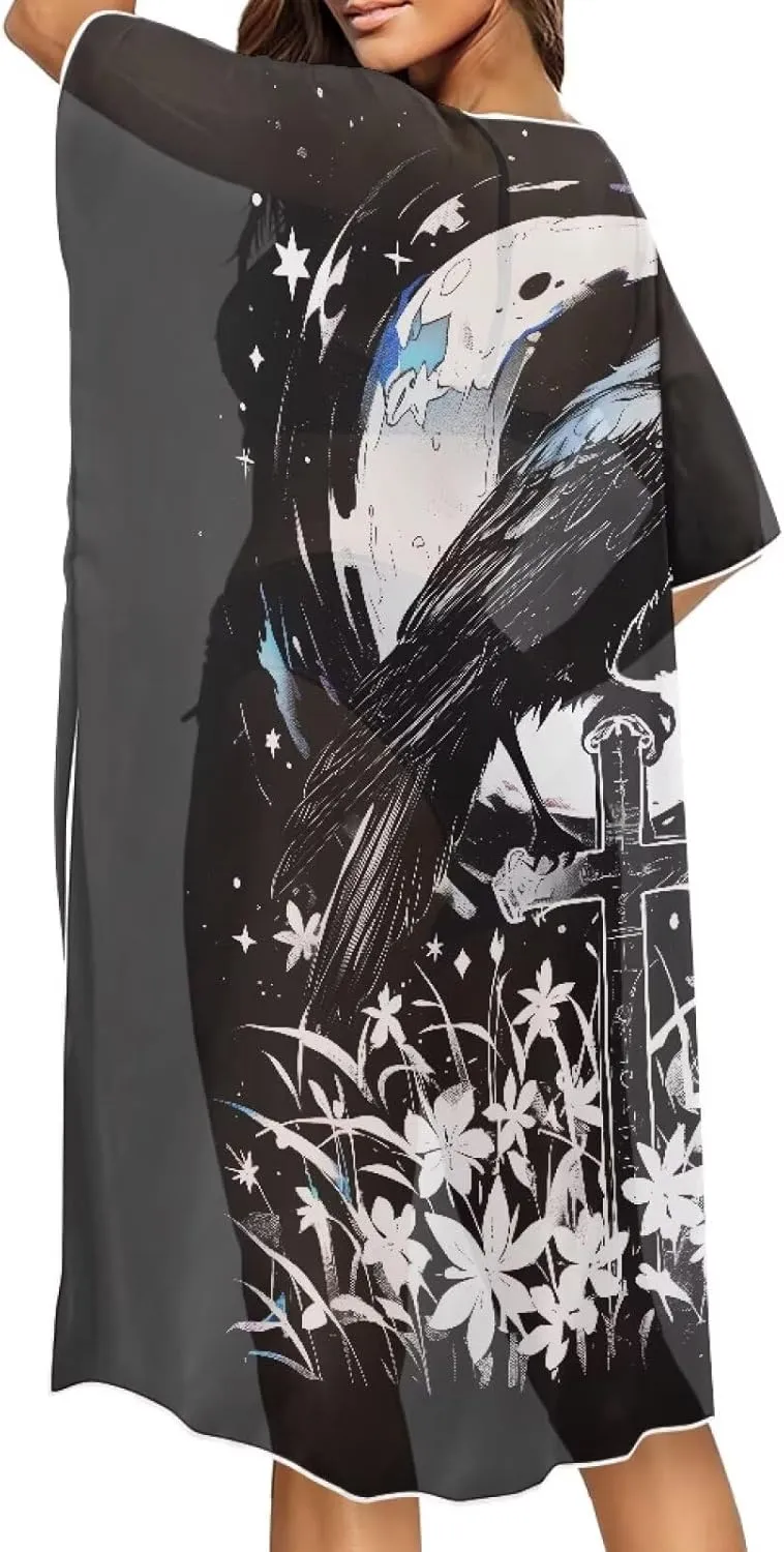 Irisjudy Women's Flowy Beach Kimono Boho Long Bikini Cover Up Dress, Tropical Style Short Sleeve Summer Kimono Cardigans