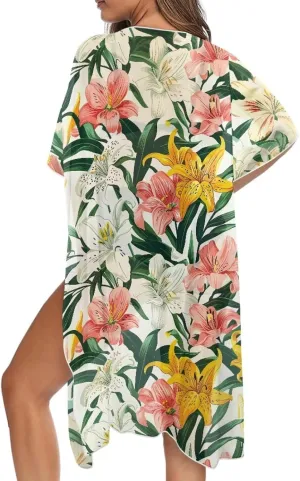 Irisjudy Women's Flowy Beach Kimono Boho Long Bikini Cover Up Dress, Tropical Style Short Sleeve Summer Kimono Cardigans