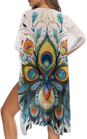 Irisjudy Women's Flowy Beach Kimono Boho Long Bikini Cover Up Dress, Tropical Style Short Sleeve Summer Kimono Cardigans