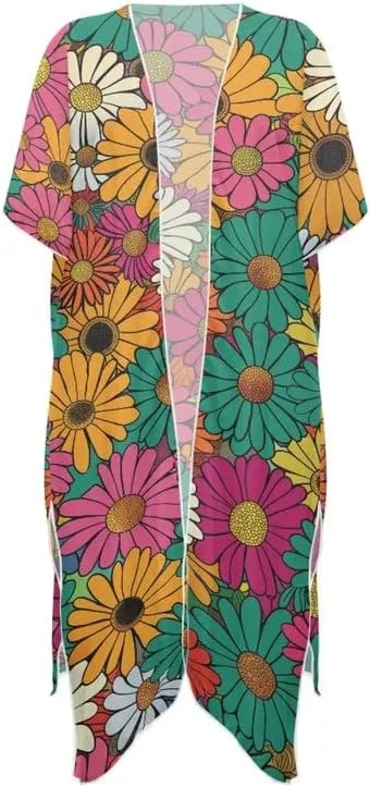 Irisjudy Women's Flowy Beach Kimono Boho Long Bikini Cover Up Dress, Tropical Style Short Sleeve Summer Kimono Cardigans