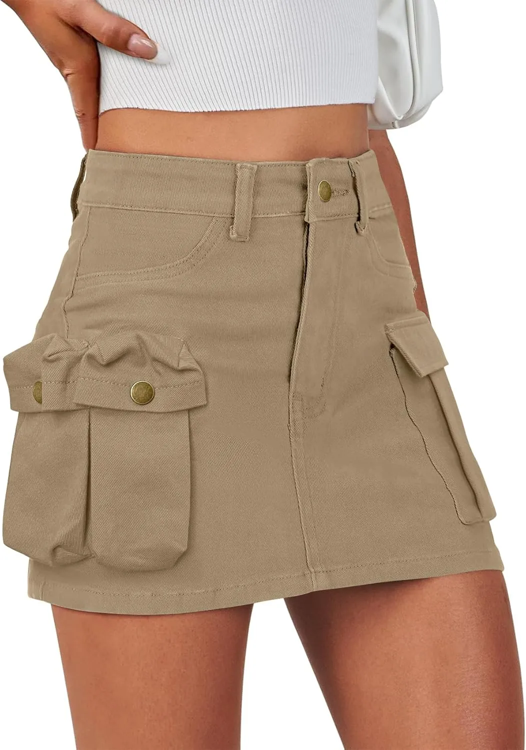 IVIR Women's Cargo Skirt Mini Skirt Y2K Summer Elastic Waist 6 Pockets Button Bodycon Short Denim Skirts