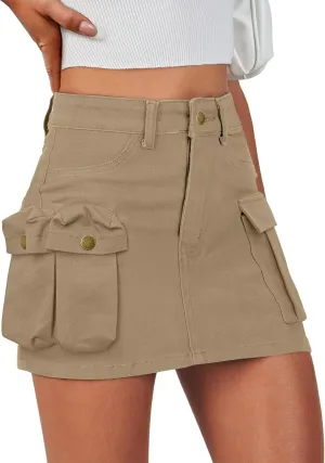 IVIR Women's Cargo Skirt Mini Skirt Y2K Summer Elastic Waist 6 Pockets Button Bodycon Short Denim Skirts