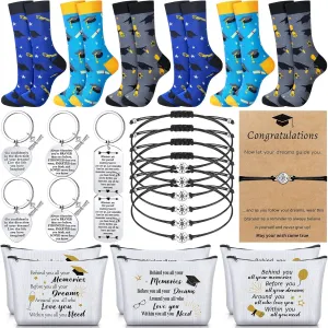 Jiuguva 24 Pcs Graduation Gifts Set Include 6 Graduation Socks 6 Graduation Makeup Bags 6 Graduation Keychains 6 Graduation Compass Wristbands Congrats Grad Class of 2025 Graduation Gift for Her Him
