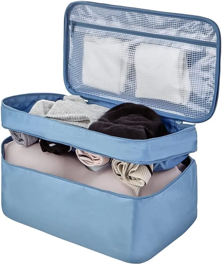 JJ POWER Travel Underwear Organizer Bag, Lightweight Double Layer Large Capacity Cosmetic Bag- Multiple Compartments and Pockets (Sea Blue)
