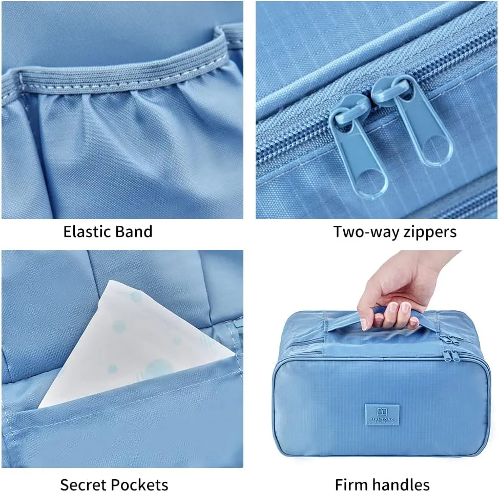 JJ POWER Travel Underwear Organizer Bag, Lightweight Double Layer Large Capacity Cosmetic Bag- Multiple Compartments and Pockets (Sea Blue)