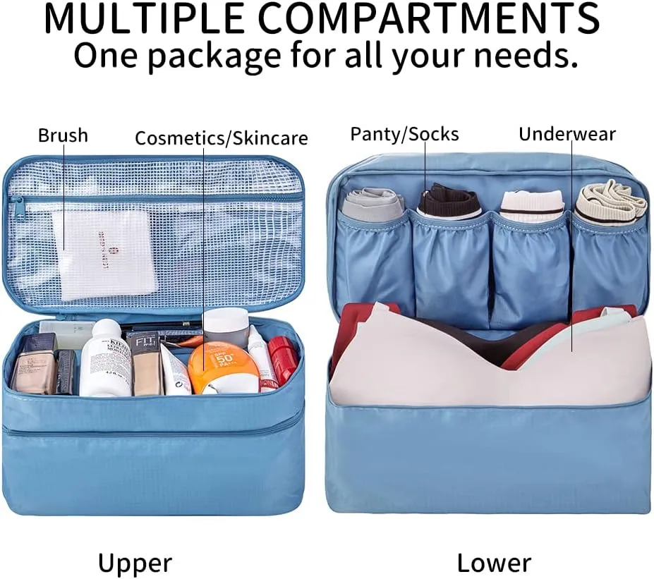 JJ POWER Travel Underwear Organizer Bag, Lightweight Double Layer Large Capacity Cosmetic Bag- Multiple Compartments and Pockets (Sea Blue)