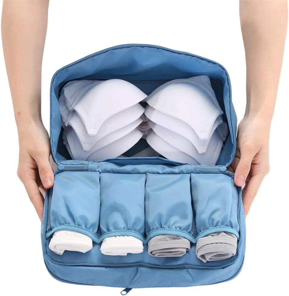 JJ POWER Travel Underwear Organizer Bag, Lightweight Double Layer Large Capacity Cosmetic Bag- Multiple Compartments and Pockets (Sea Blue)