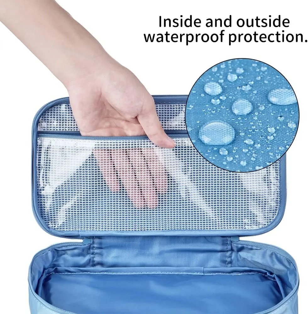JJ POWER Travel Underwear Organizer Bag, Lightweight Double Layer Large Capacity Cosmetic Bag- Multiple Compartments and Pockets (Sea Blue)