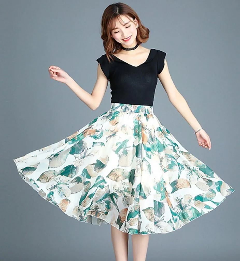 Kafeimali Women's Elastic Chiffon Floral High Waist Pleated Midi Skirt Dress