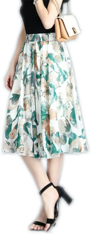 Kafeimali Women's Elastic Chiffon Floral High Waist Pleated Midi Skirt Dress