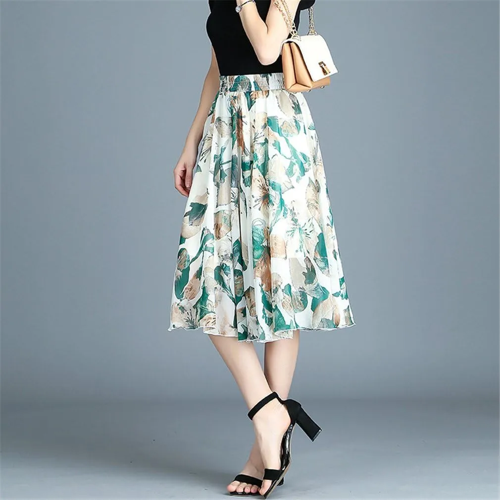 Kafeimali Women's Elastic Chiffon Floral High Waist Pleated Midi Skirt Dress