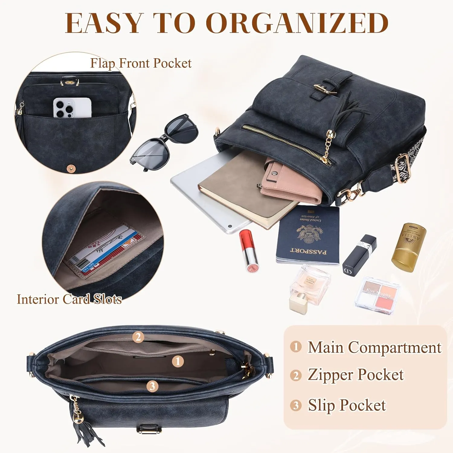 Kasqo Crossbody Bag for Women,Soft Vegan Leather Cross Body Purse Medium Shoulder Bag Handbags with Guitar Strap Tassel
