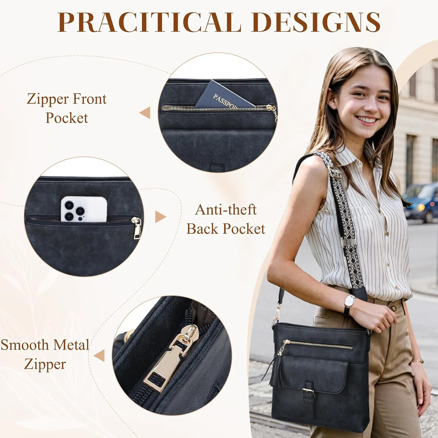 Kasqo Crossbody Bag for Women,Soft Vegan Leather Cross Body Purse Medium Shoulder Bag Handbags with Guitar Strap Tassel