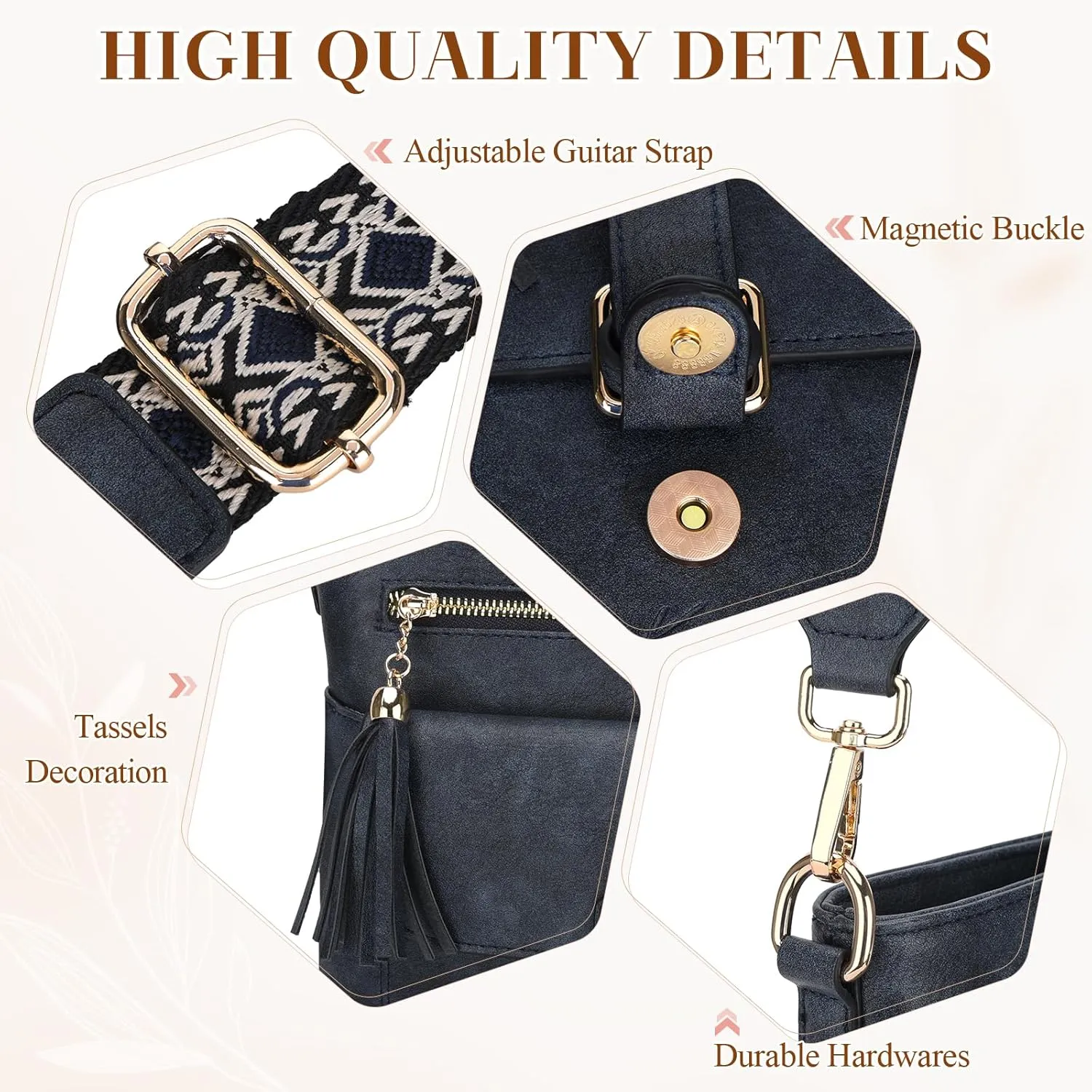 Kasqo Crossbody Bag for Women,Soft Vegan Leather Cross Body Purse Medium Shoulder Bag Handbags with Guitar Strap Tassel