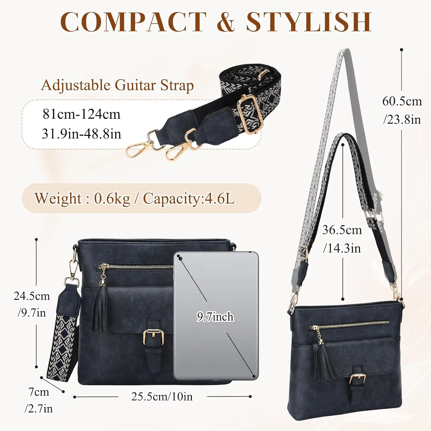 Kasqo Crossbody Bag for Women,Soft Vegan Leather Cross Body Purse Medium Shoulder Bag Handbags with Guitar Strap Tassel