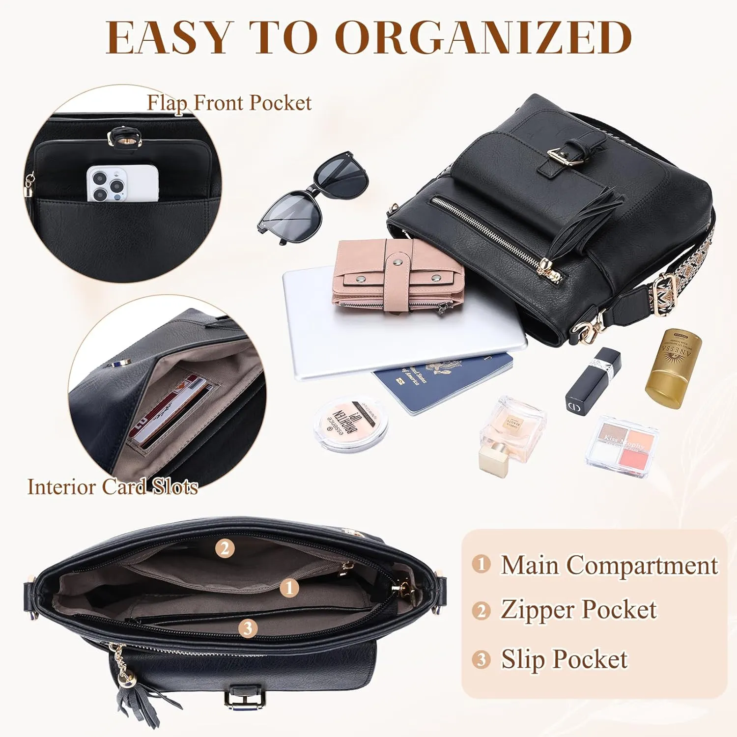 Kasqo Crossbody Bag for Women,Soft Vegan Leather Cross Body Purse Medium Shoulder Bag Handbags with Guitar Strap Tassel
