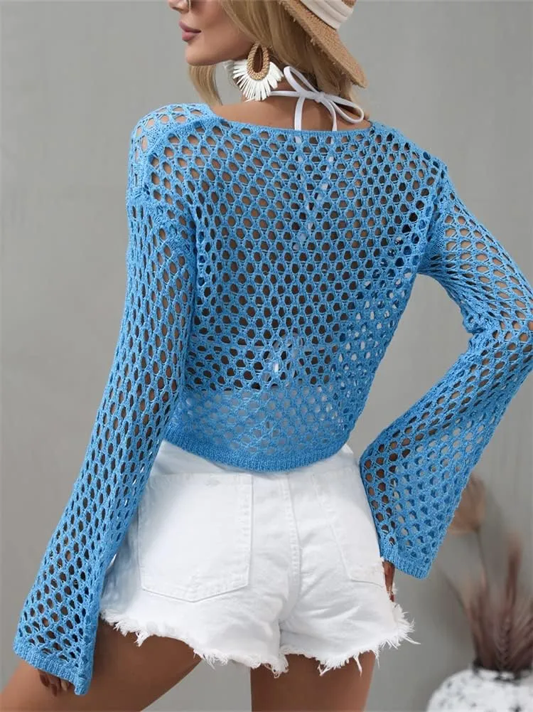 KEOMUD Women Mesh Crochet Crop Top Long Sleeve Hollow Out Knit Sweater Bikini Beach See Through Cover Ups