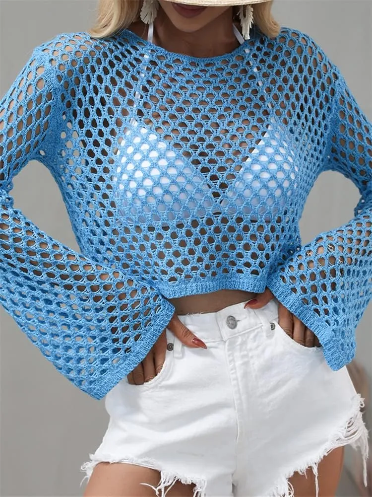 KEOMUD Women Mesh Crochet Crop Top Long Sleeve Hollow Out Knit Sweater Bikini Beach See Through Cover Ups
