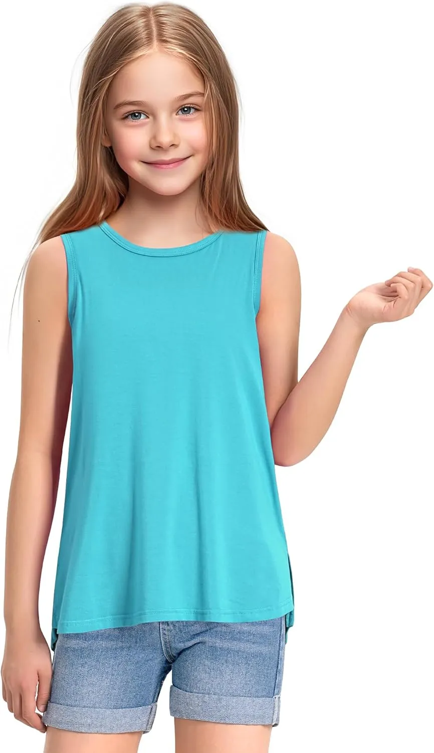 KEREDA Girls Tank Tops Flowy Loose Fit Side Split Sleeveless Shirts Basic Casual Summer Tunic Tops