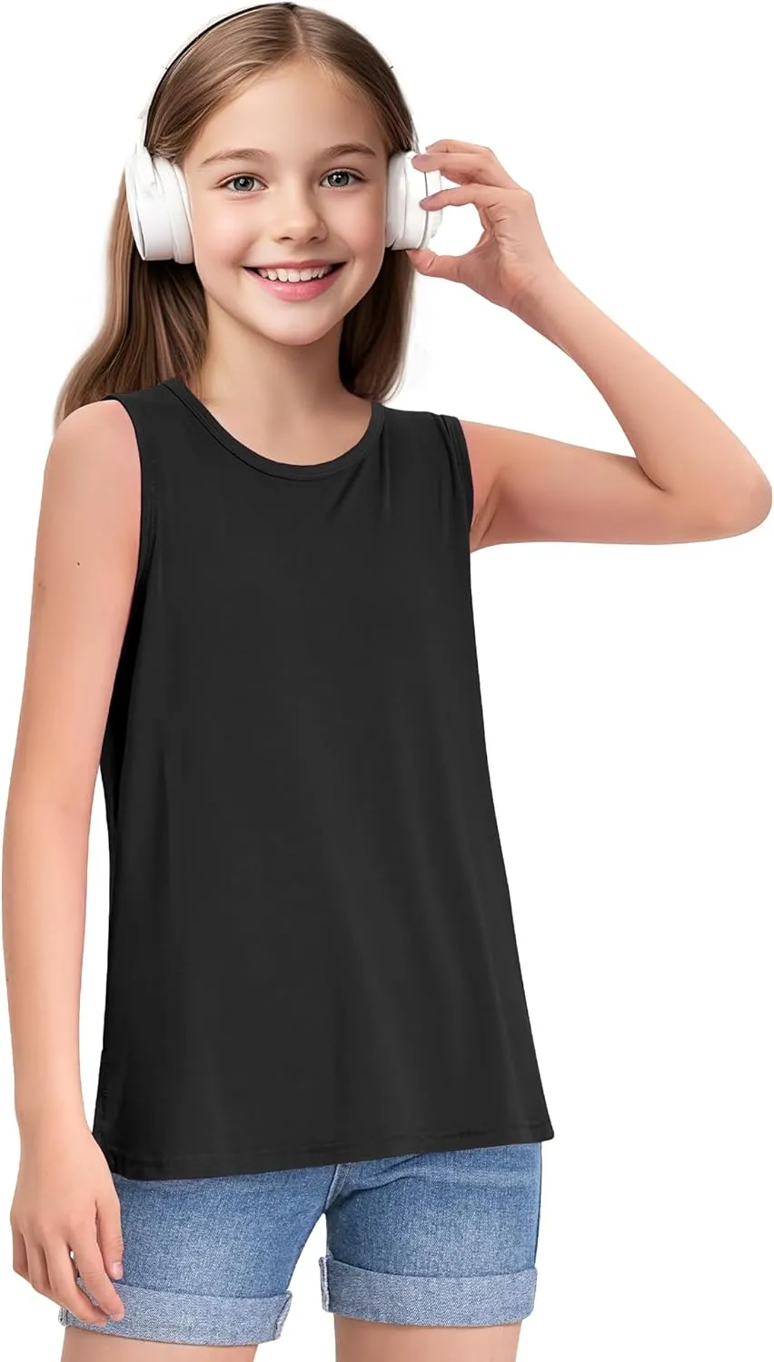 KEREDA Girls Tank Tops Flowy Loose Fit Side Split Sleeveless Shirts Basic Casual Summer Tunic Tops