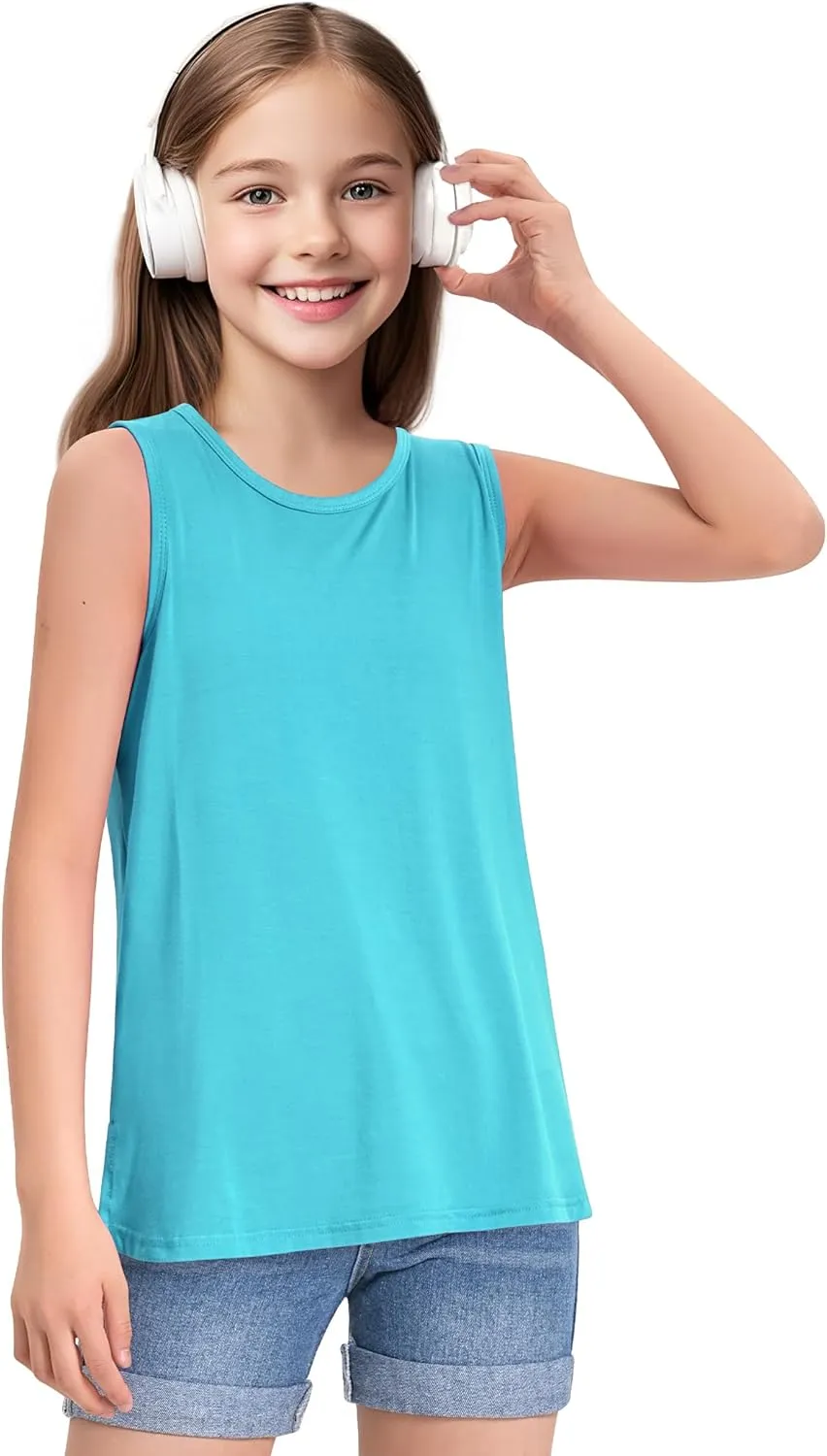 KEREDA Girls Tank Tops Flowy Loose Fit Side Split Sleeveless Shirts Basic Casual Summer Tunic Tops