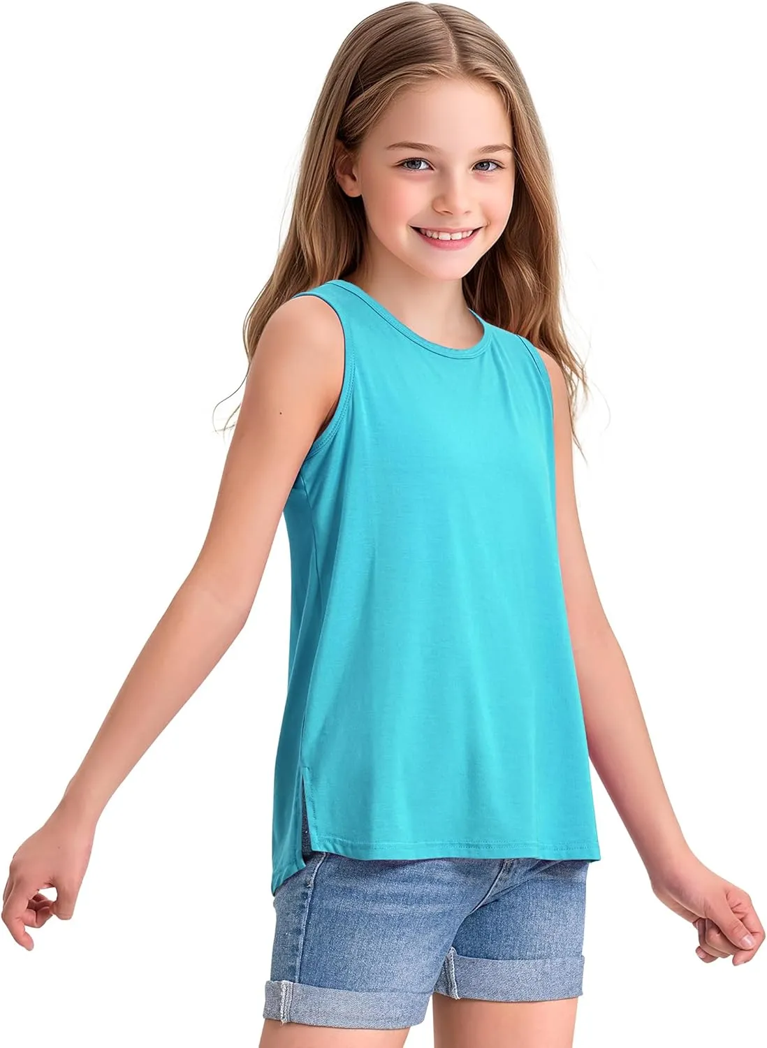 KEREDA Girls Tank Tops Flowy Loose Fit Side Split Sleeveless Shirts Basic Casual Summer Tunic Tops