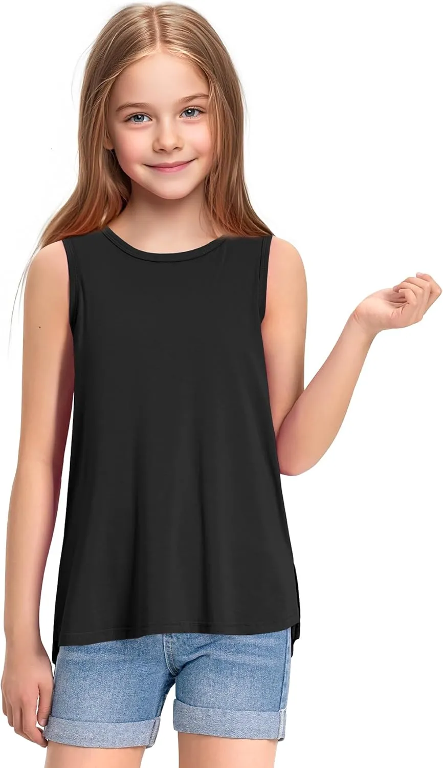 KEREDA Girls Tank Tops Flowy Loose Fit Side Split Sleeveless Shirts Basic Casual Summer Tunic Tops