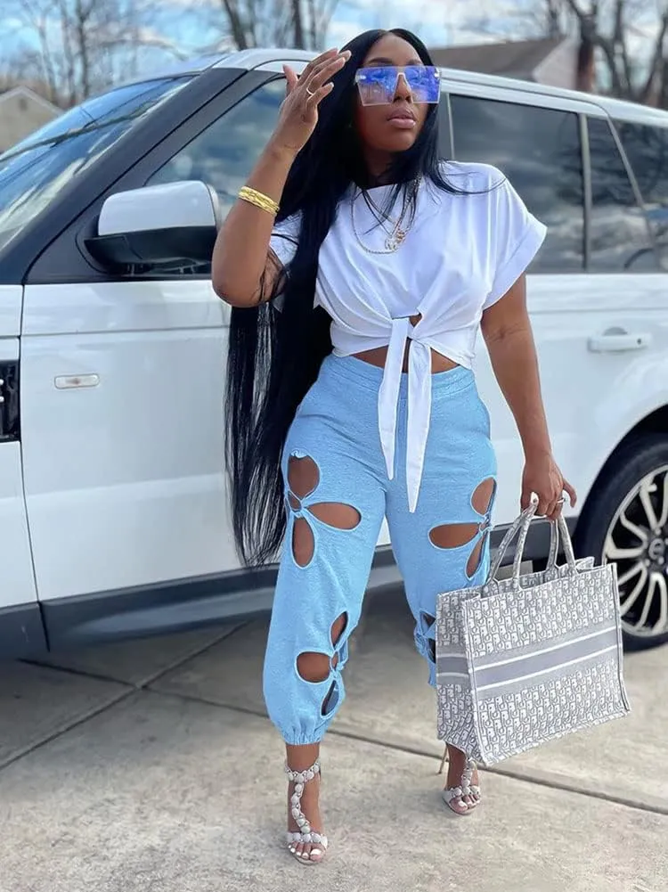 KEYUFANG Women 2 Piece Outfits Set Casual Crop Top Shirt Hollowed Out Sweatpants Women Fashion Tracksuit