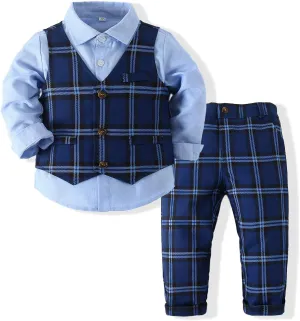 Kimocat Boys 3Pcs Clothing Sets Elegant Long Sleeve Shirts   Vest with Flower Pants Party Suit
