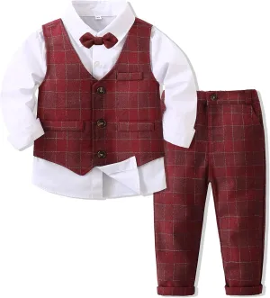Kimocat Boys 3Pcs Clothing Sets Elegant Long Sleeve Shirts   Vest with Flower Pants Party Suit