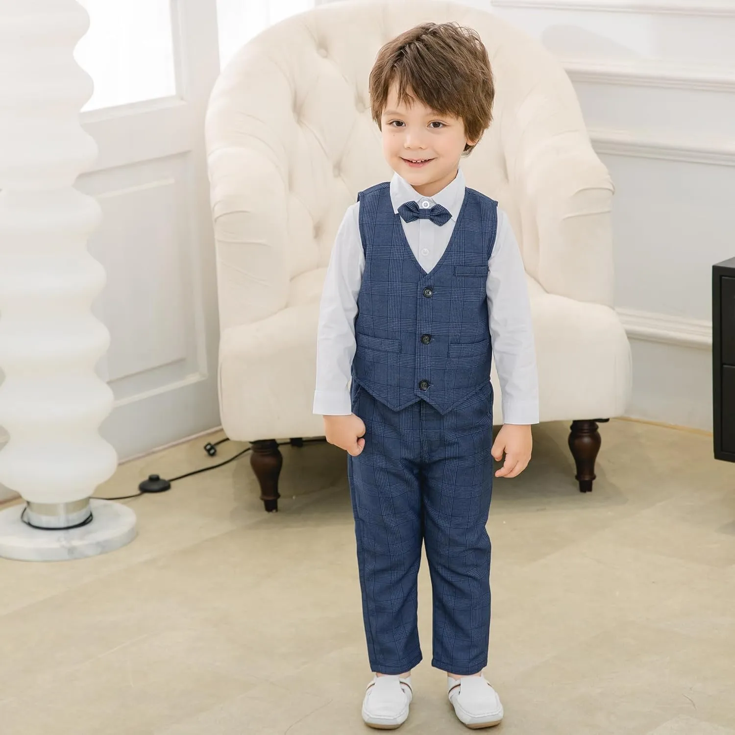 Kimocat Boys 3Pcs Clothing Sets Elegant Long Sleeve Shirts   Vest with Flower Pants Party Suit