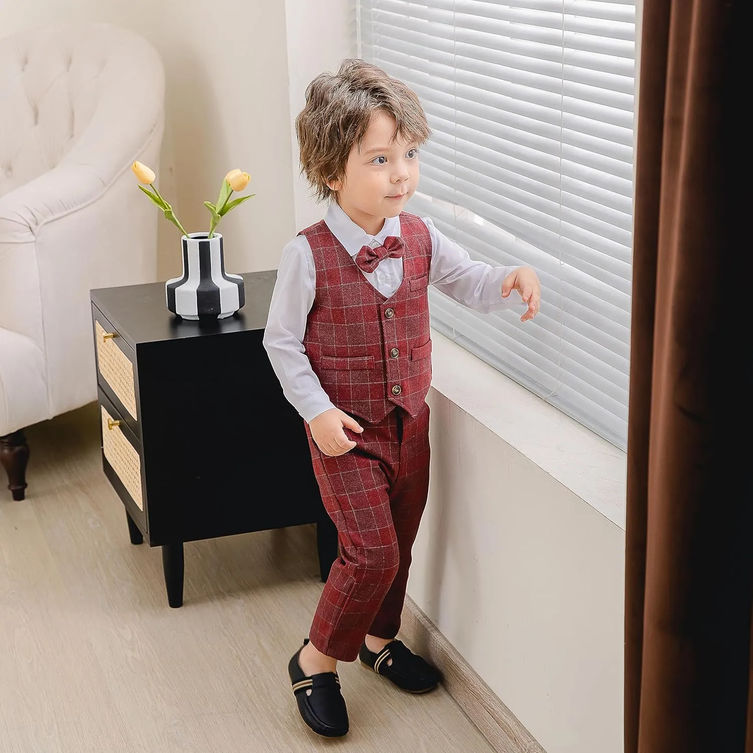 Kimocat Boys 3Pcs Clothing Sets Elegant Long Sleeve Shirts   Vest with Flower Pants Party Suit