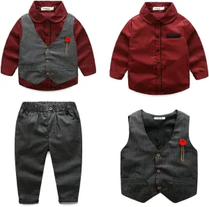 Kimocat Boys 3Pcs Clothing Sets Elegant Long Sleeve Shirts   Vest with Flower Pants Party Suit