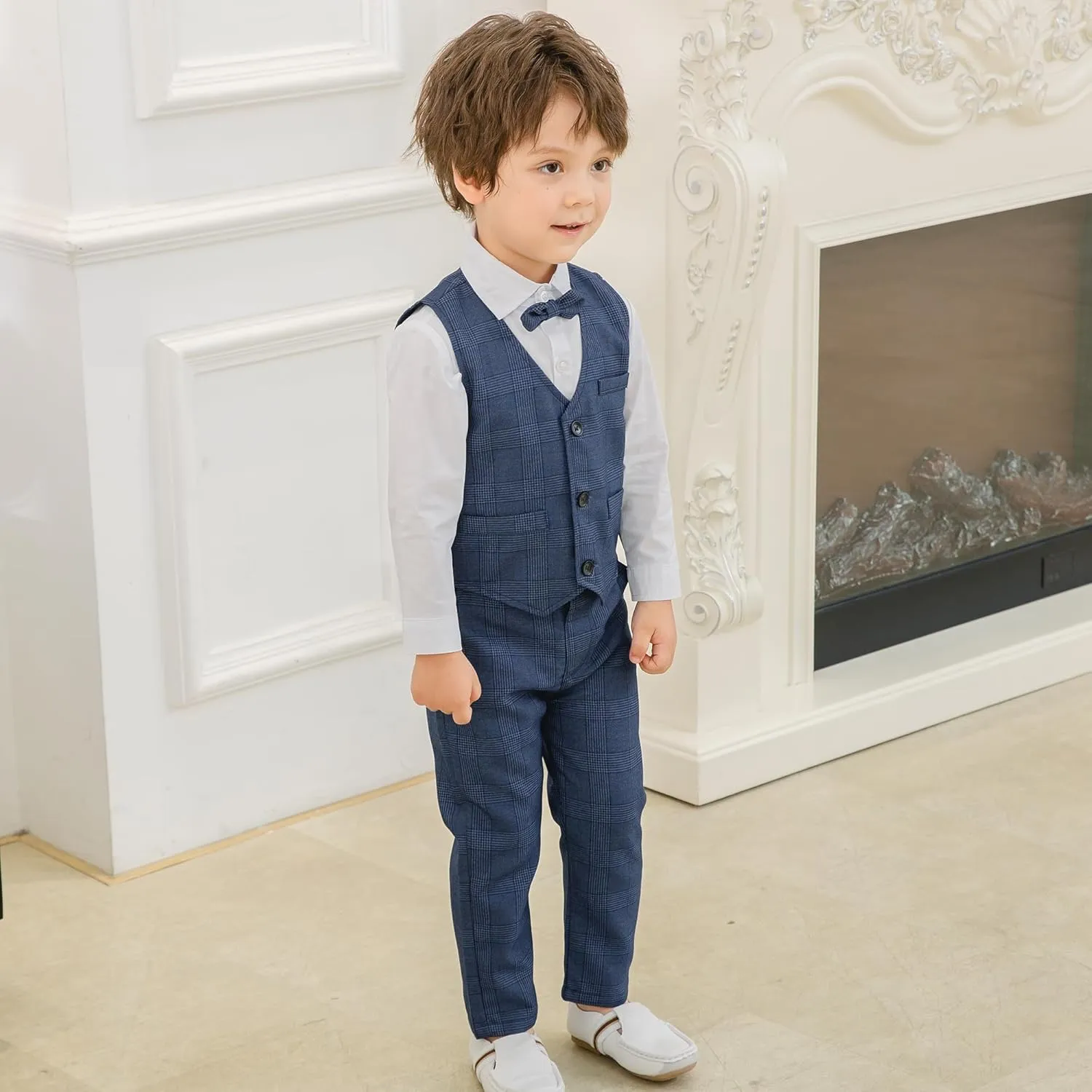 Kimocat Boys 3Pcs Clothing Sets Elegant Long Sleeve Shirts   Vest with Flower Pants Party Suit