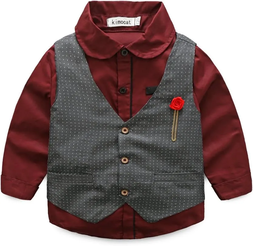 Kimocat Boys 3Pcs Clothing Sets Elegant Long Sleeve Shirts   Vest with Flower Pants Party Suit