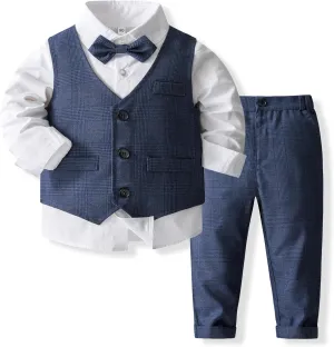 Kimocat Boys 3Pcs Clothing Sets Elegant Long Sleeve Shirts   Vest with Flower Pants Party Suit