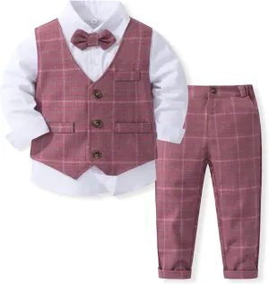 Kimocat Boys 3Pcs Clothing Sets Elegant Long Sleeve Shirts   Vest with Flower Pants Party Suit