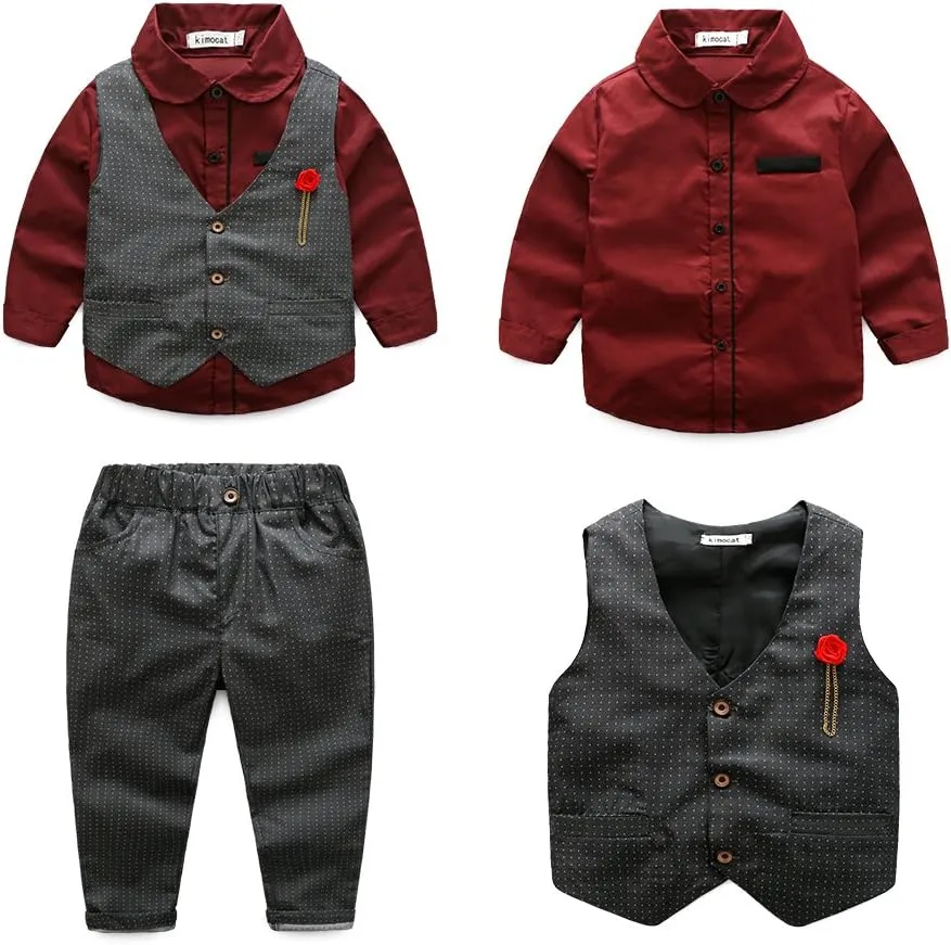 Kimocat Boys 3Pcs Clothing Sets Elegant Long Sleeve Shirts   Vest with Flower Pants Party Suit