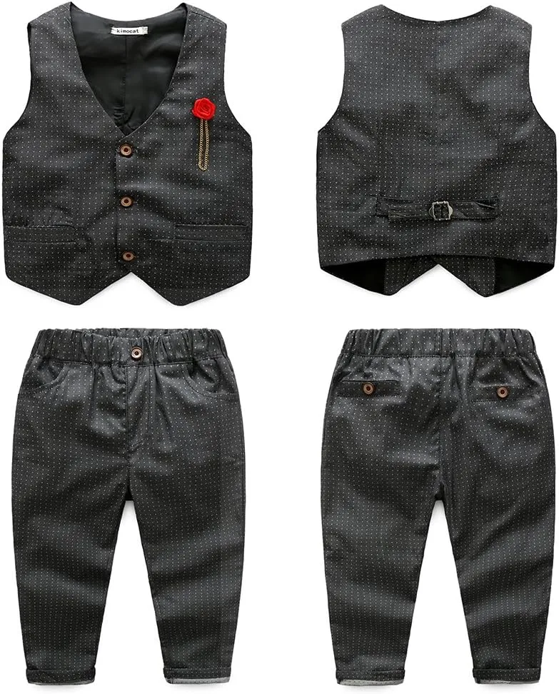 Kimocat Boys 3Pcs Clothing Sets Elegant Long Sleeve Shirts   Vest with Flower Pants Party Suit